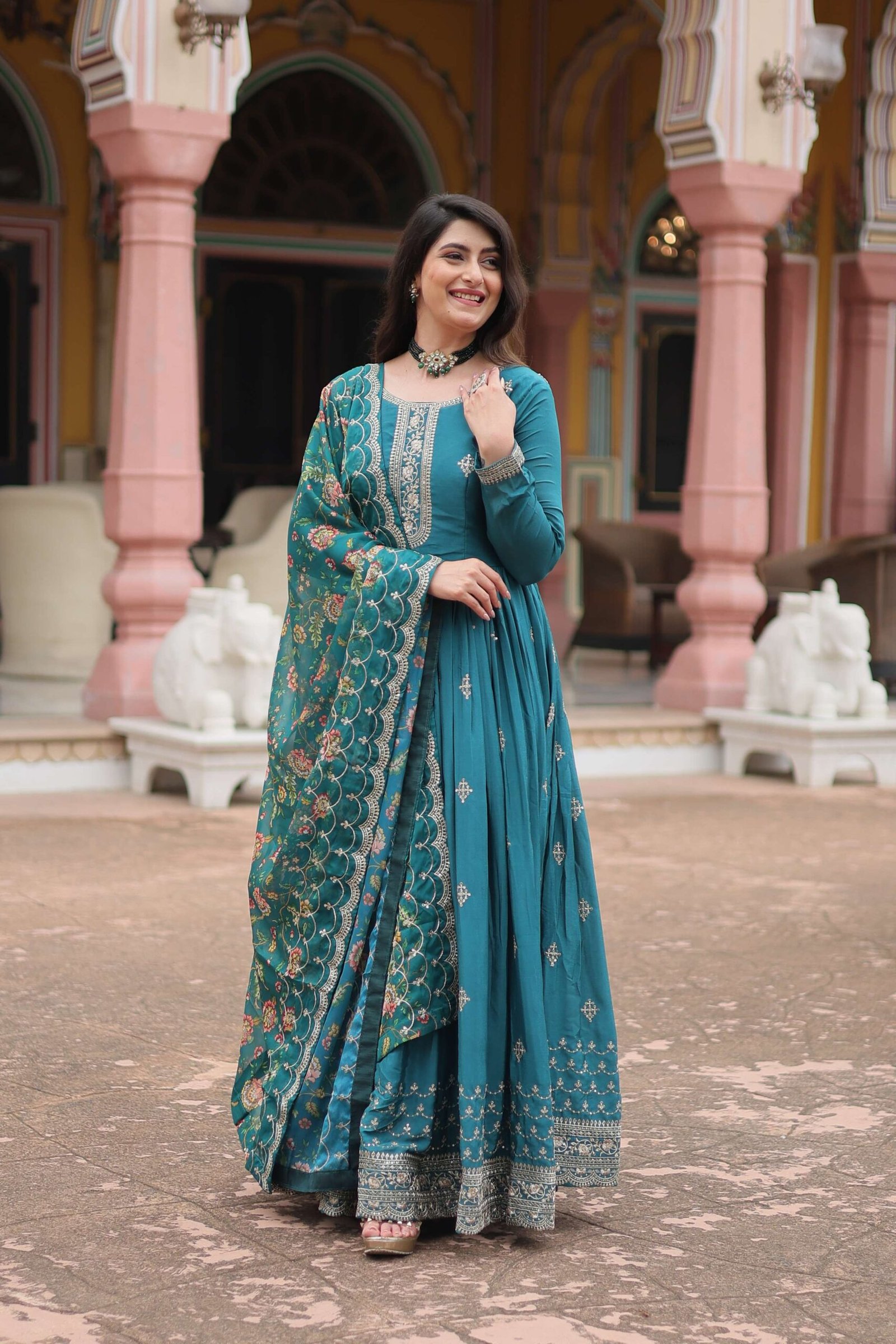Rama Designer Chinon Sequins Embroidered Gown with Kalamkari Silk Dupatta - Image 7