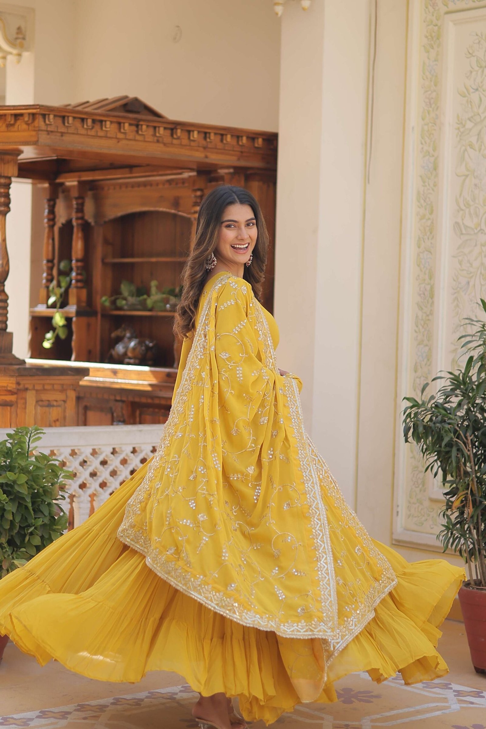 Yellow Faux Georgette Designer Gown with Sequined Dupatta ? Fully Flared Elegant Party & Wedding Set - Image 8