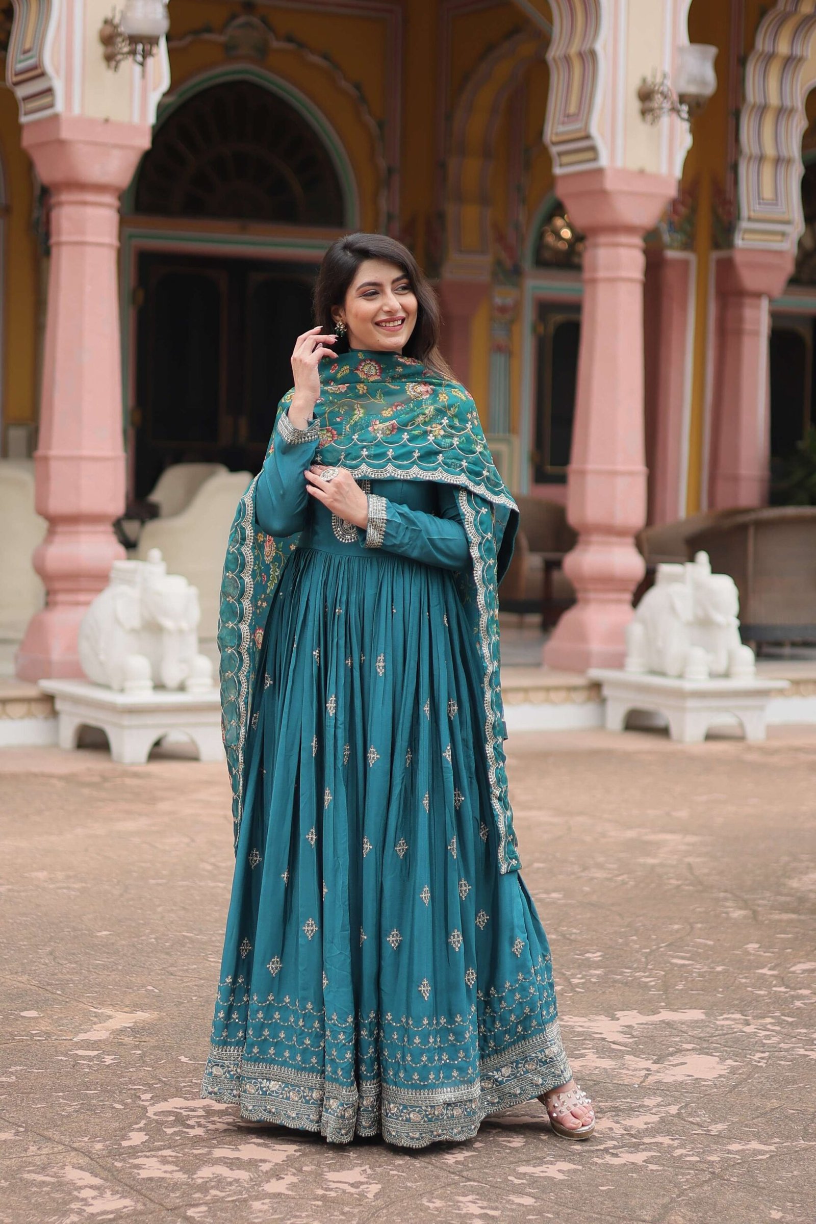 Rama Designer Chinon Sequins Embroidered Gown with Kalamkari Silk Dupatta - Image 8
