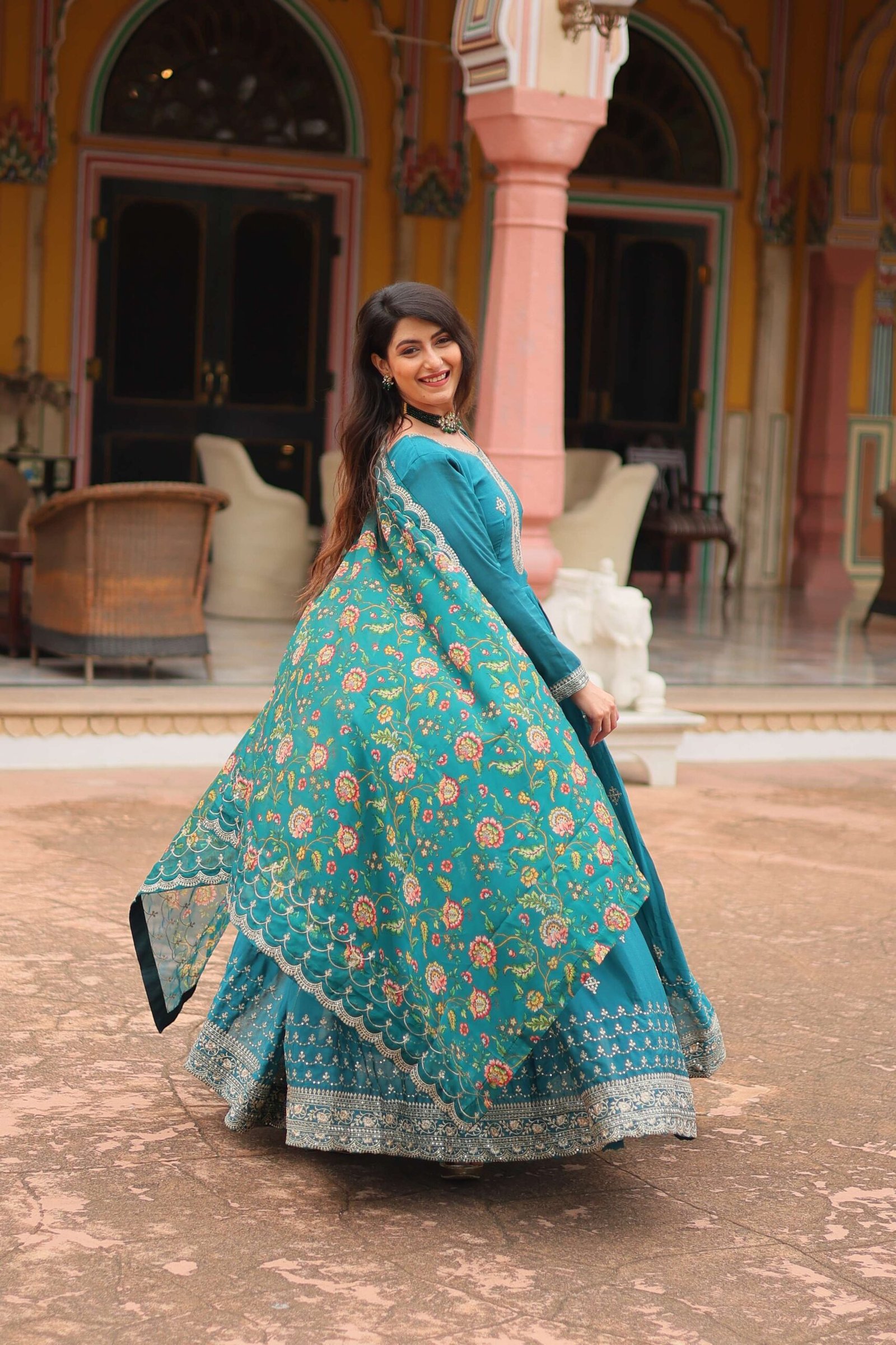 Rama Designer Chinon Sequins Embroidered Gown with Kalamkari Silk Dupatta - Image 3