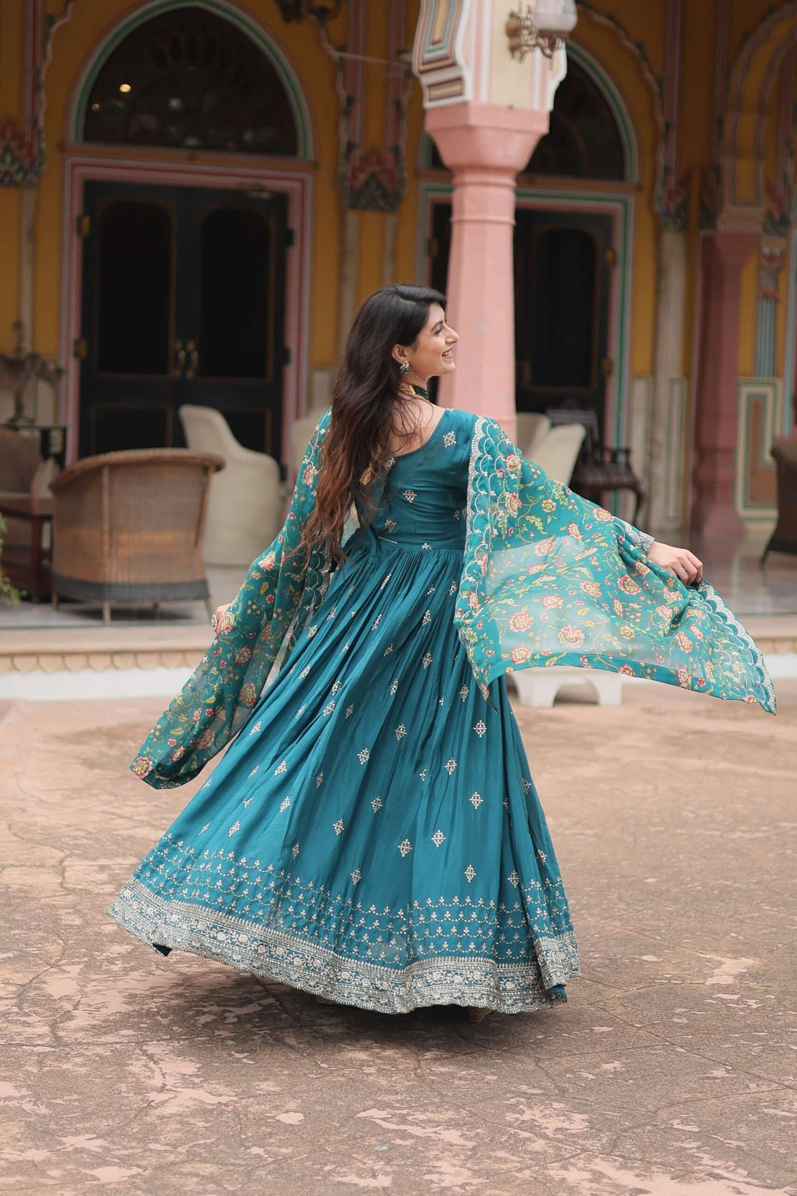 Rama Designer Chinon Sequins Embroidered Gown with Kalamkari Silk Dupatta - Image 4
