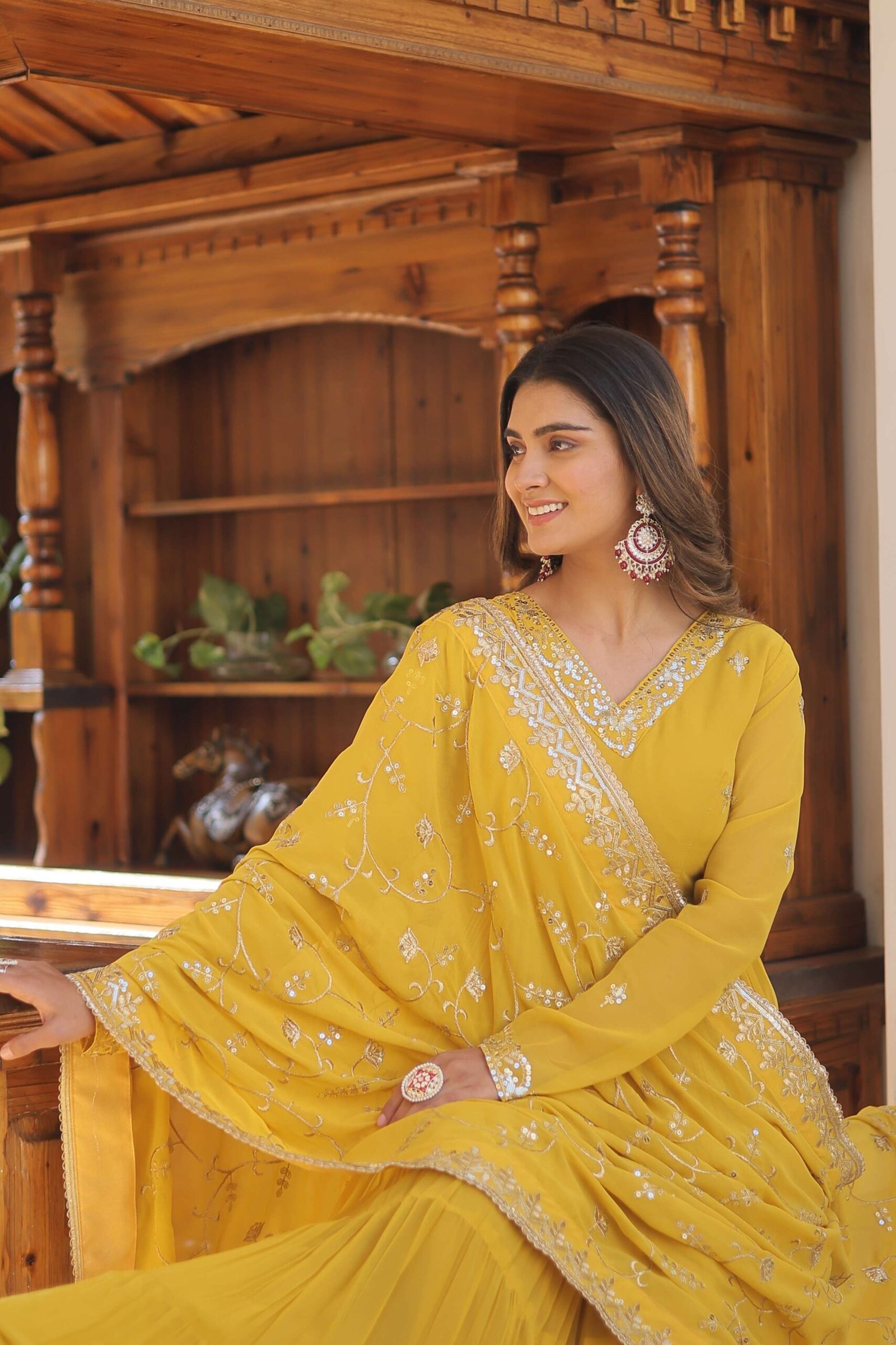 Yellow Faux Georgette Designer Gown with Sequined Dupatta ? Fully Flared Elegant Party & Wedding Set - Image 2