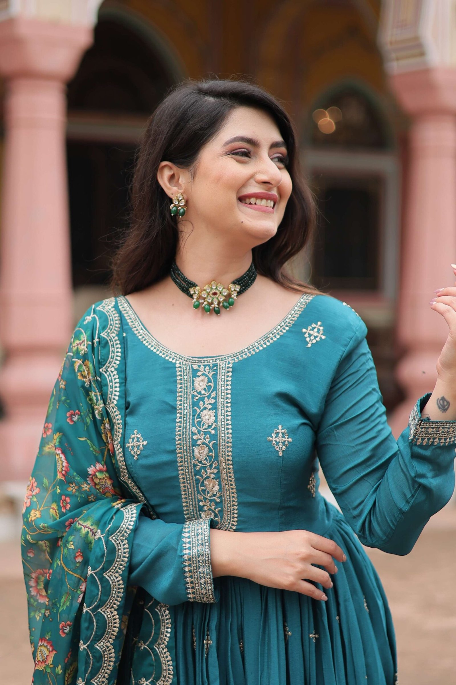 Rama Designer Chinon Sequins Embroidered Gown with Kalamkari Silk Dupatta - Image 6