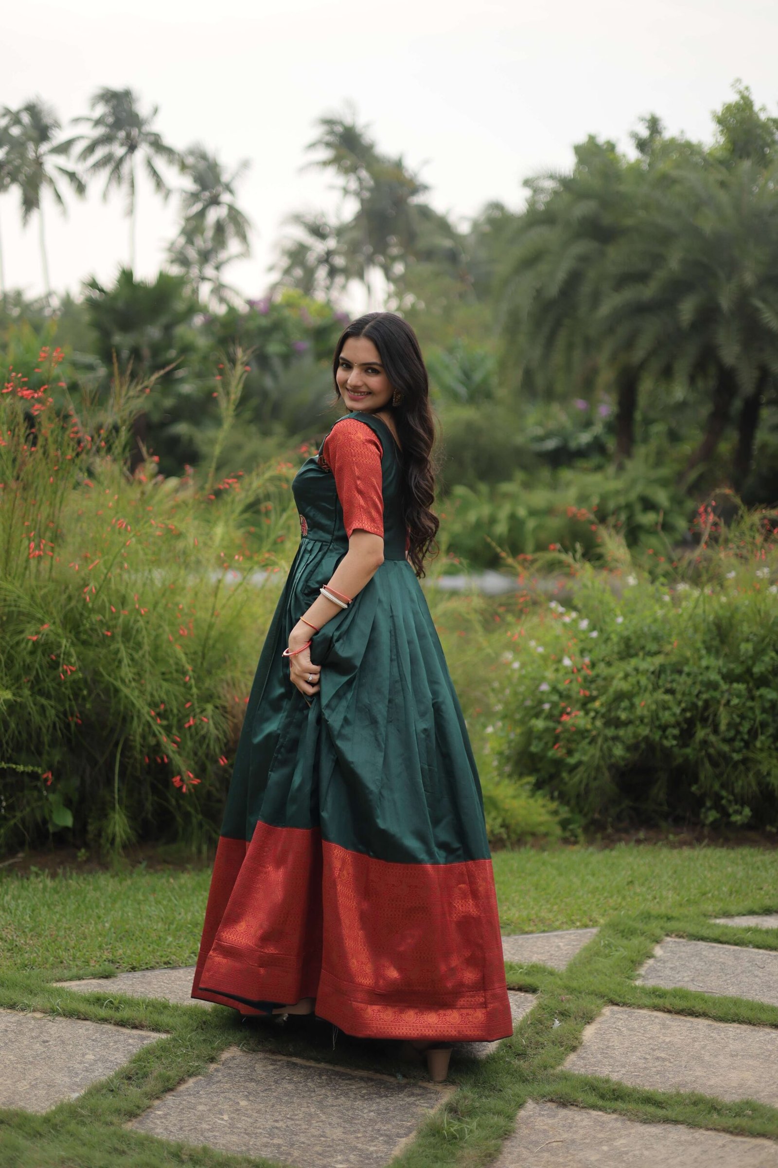 Green Banarasi Jacquard Silk Gown ? Elegant Free-Size Designer Party & Wedding Wear - Image 4