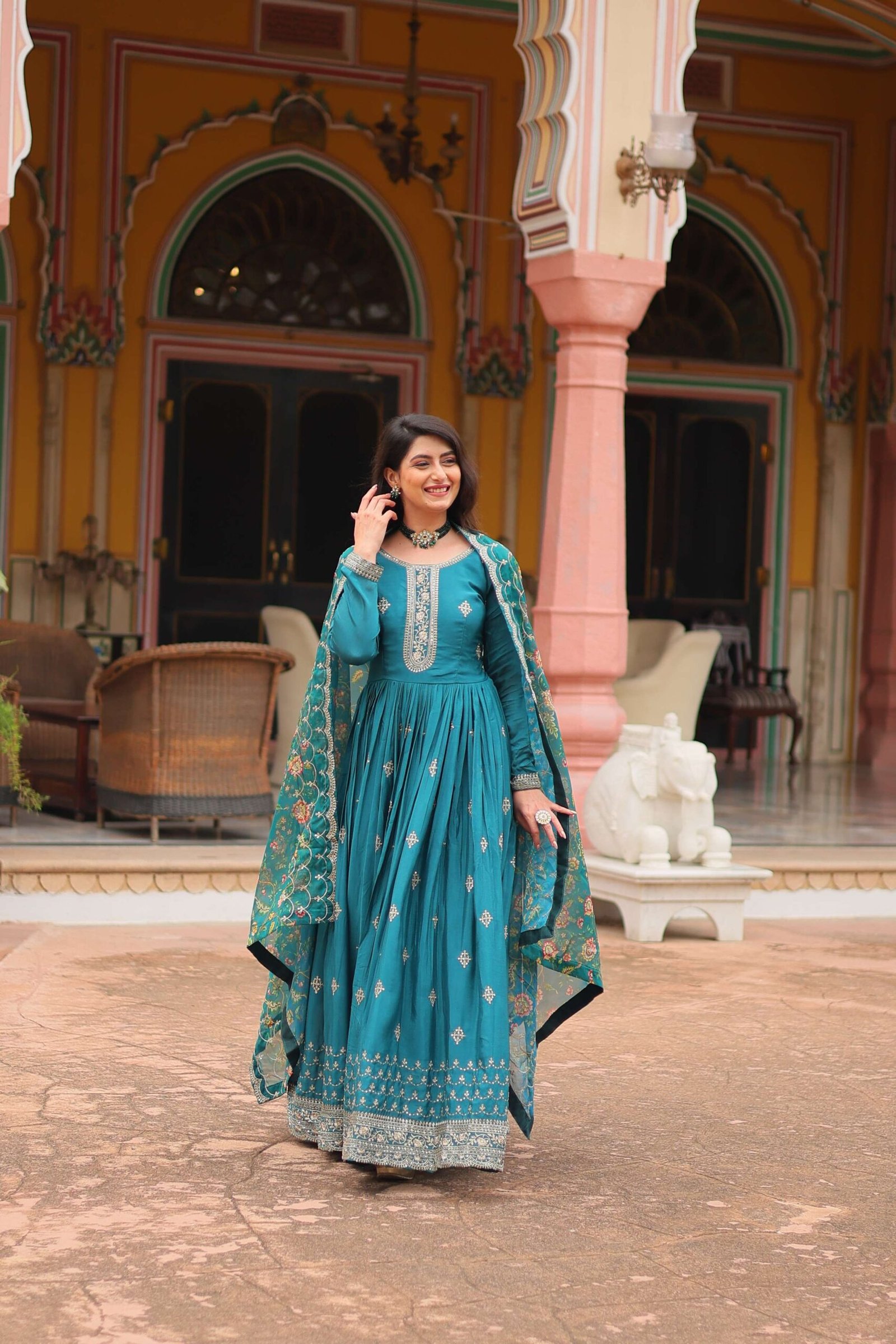 Rama Designer Chinon Sequins Embroidered Gown with Kalamkari Silk Dupatta