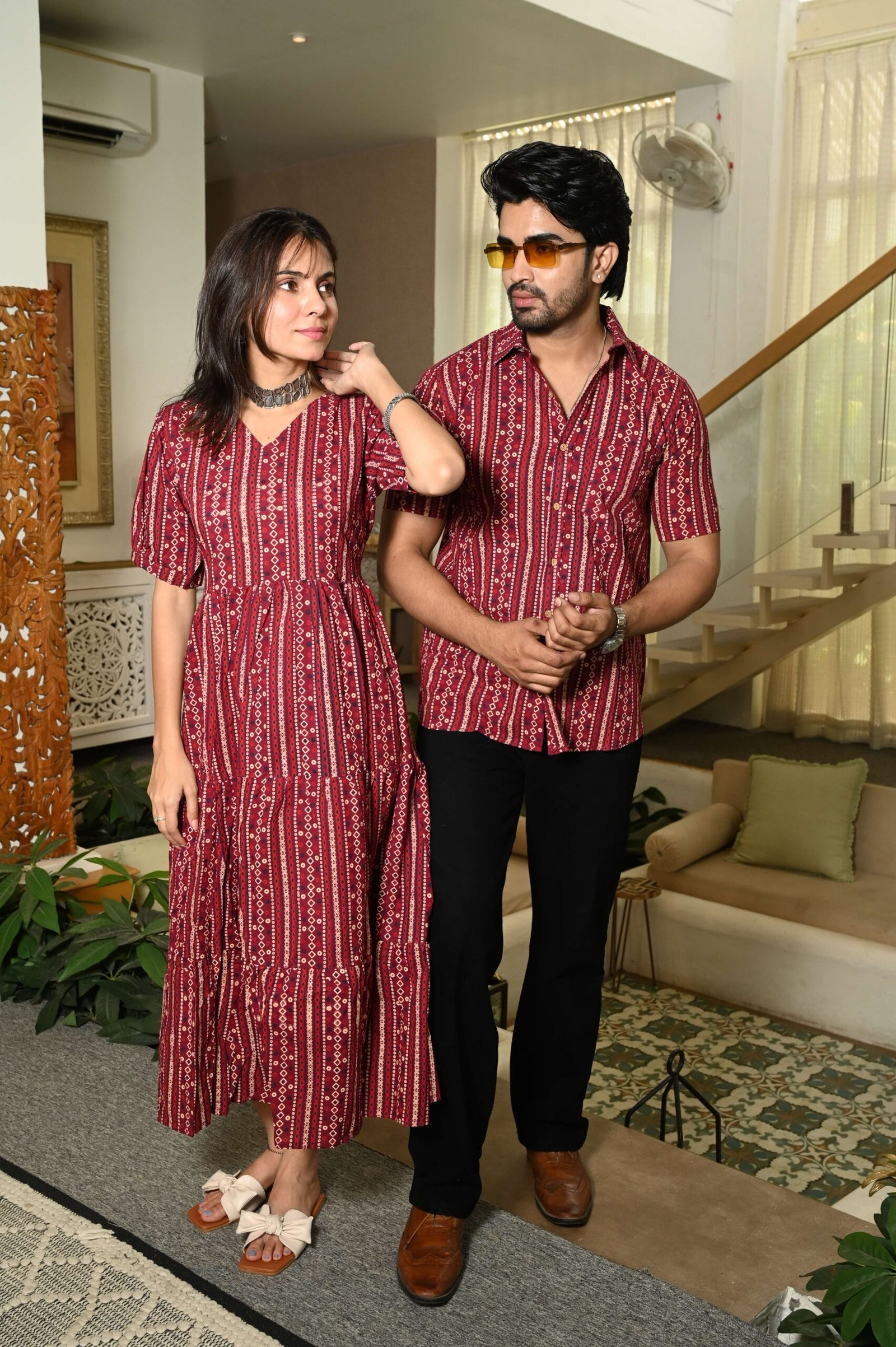 Couple Matching Maroon Cotton Anarkali Midi Dress and Shirt Set ? Vertical Stripe Ethnic Print - Image 3