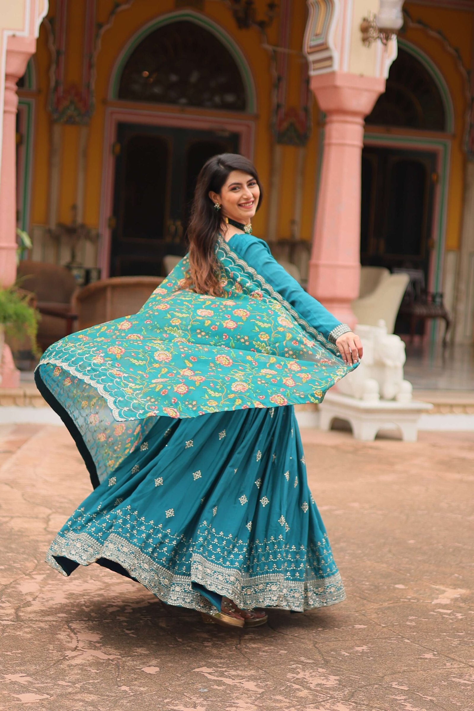 Rama Designer Chinon Sequins Embroidered Gown with Kalamkari Silk Dupatta - Image 2