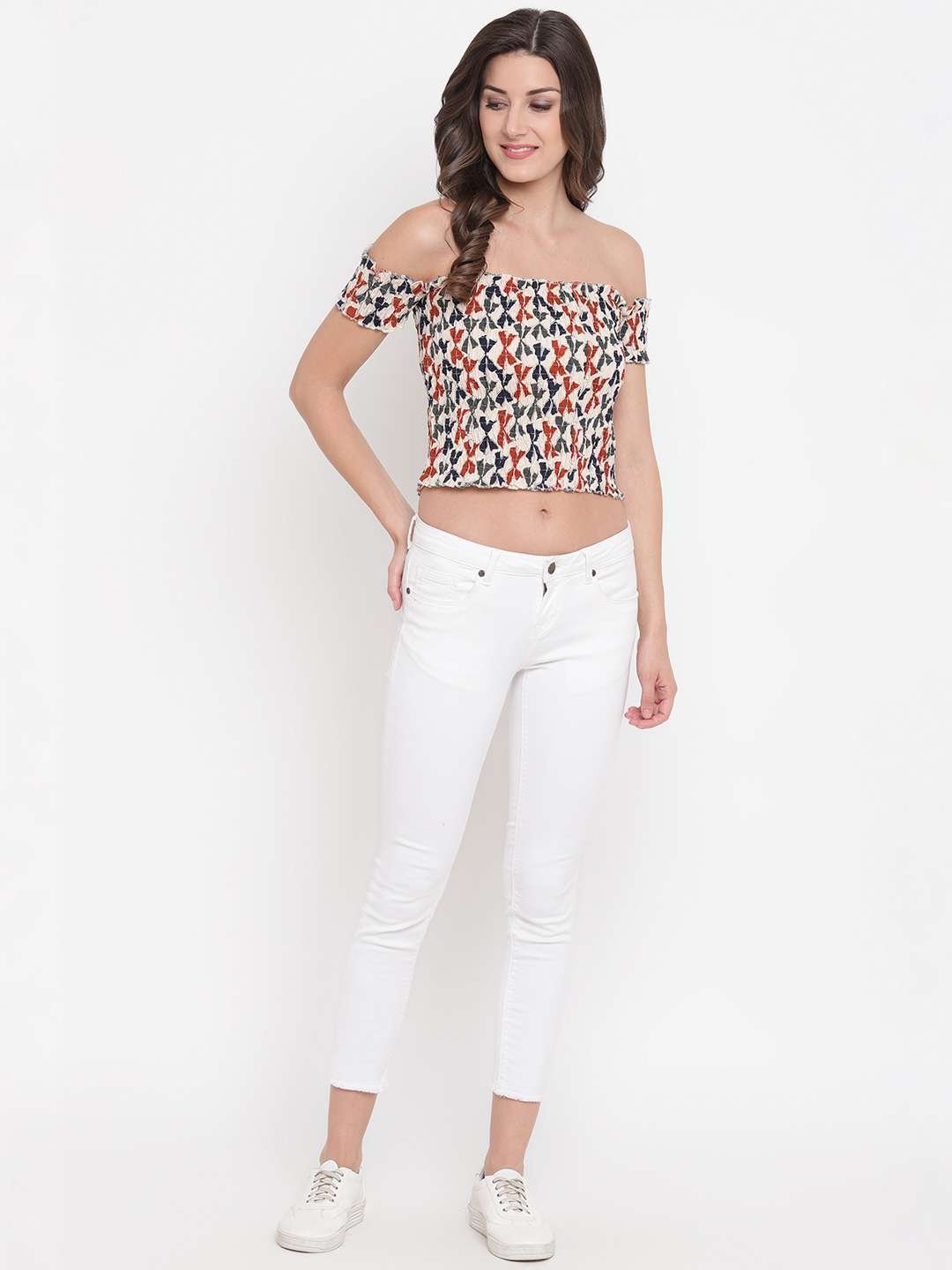 Women's Rayon Printed Off-Shoulder Smocked Crop Top Short Sleeve Casual Styles Tank Top (FREE SIZE) Multi46 - Image 3