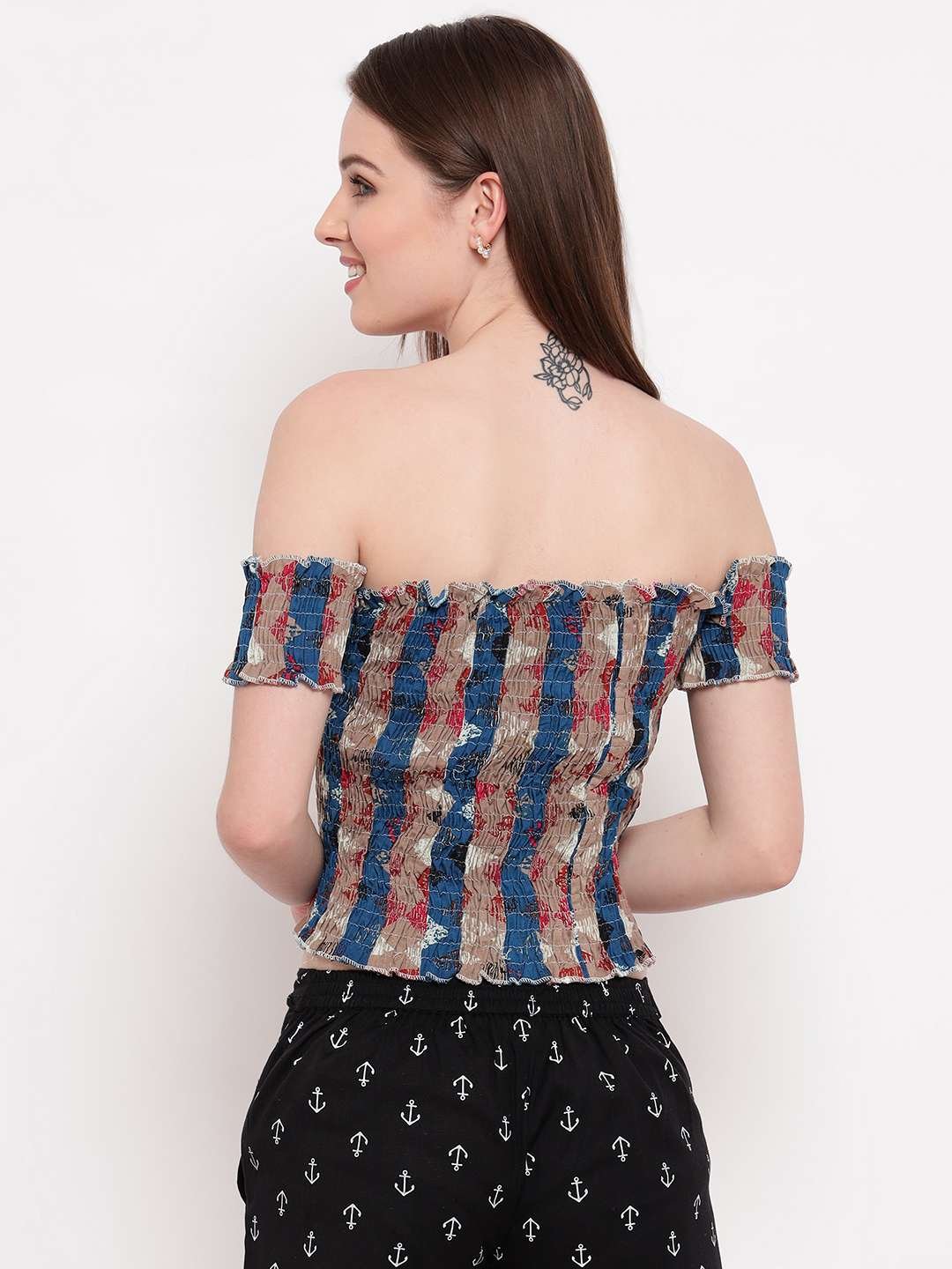 Women's Rayon Printed Off-Shoulder Smocked Crop Top Short Sleeve Casual Styles Tank Top (FREE SIZE) Multi38 - Image 2